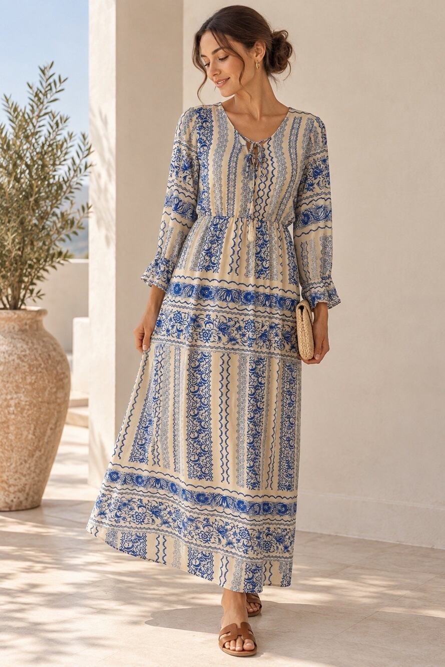 Boho Maxi Dress L Blue Ivory Floral Paisley Bell Sleeve Tie Neck Mediterranean